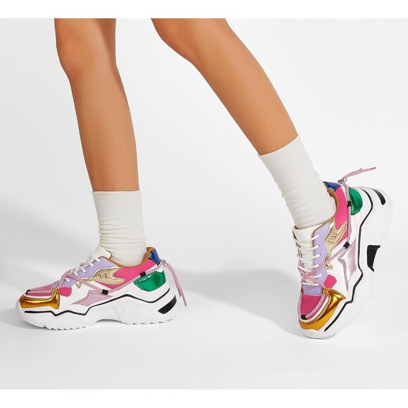 Brand New Women Purple/Fuchsia Rubber Chunky Dad Sneakers Color block Platform - Picture 8 of 9